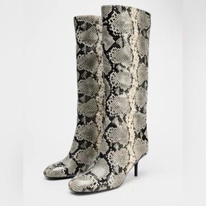 Zara Snake Print Heeled Boots - Black and Cream